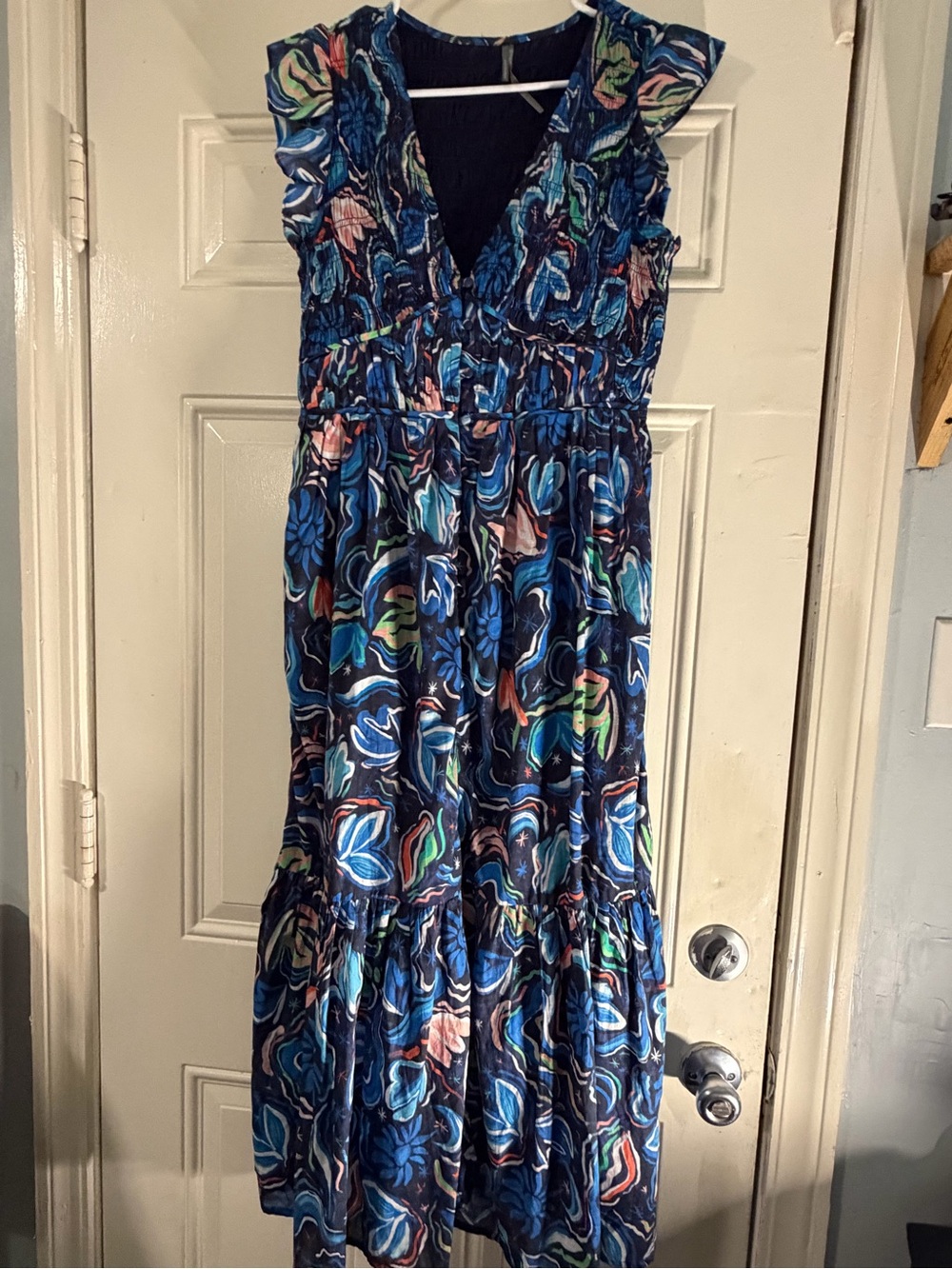 Anthropologie Navy Multicolor Floral Tiered V-Neck Maxi Dress